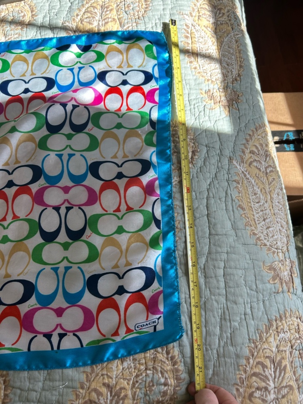 Vintage Coach Turquoise-Edged Multicolor Logo Silk Scarf - Picture 6 of 7